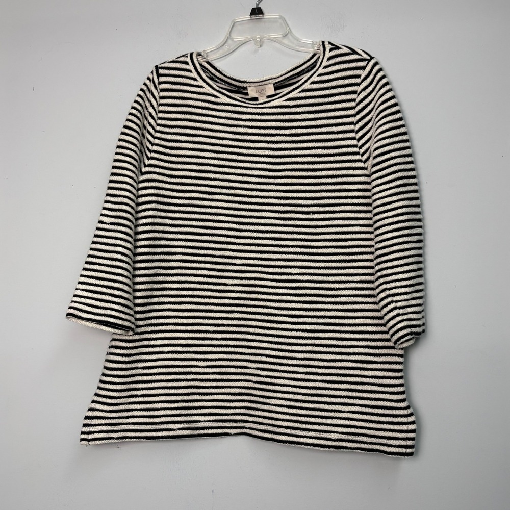 LOFT Outlet Women Black White Striped 3/4 Sleeve Cotton Knit Top Large Lagenlook